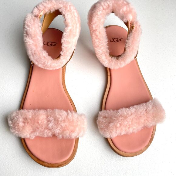 UGG Fluff Springs Genuine Shearling Sandal Sz 6 Ankle Strap Pastel Pink Coquette - Picture 1 of 8